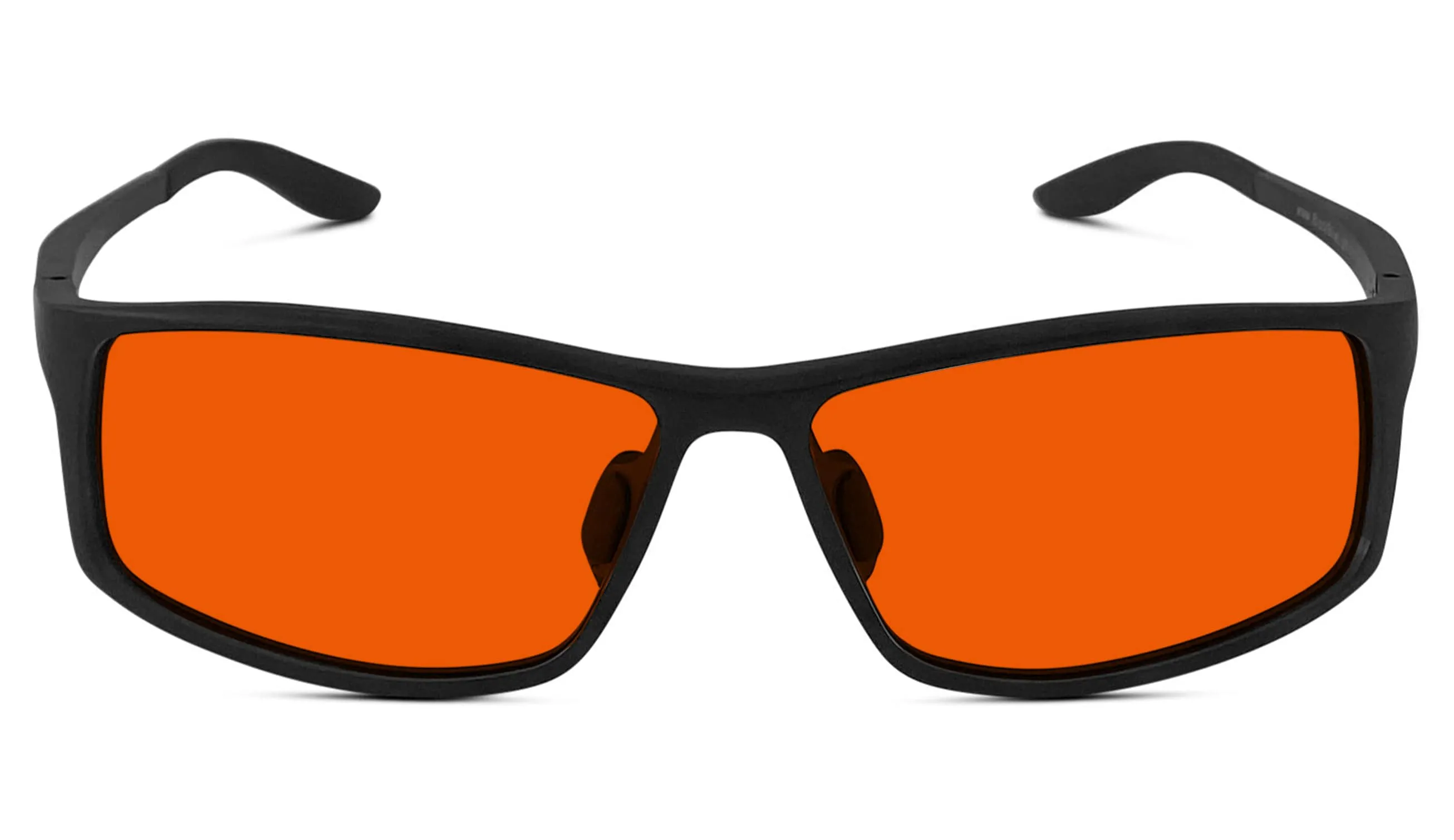 Black-framed blue-light blocking glasses with orange-tinted lenses