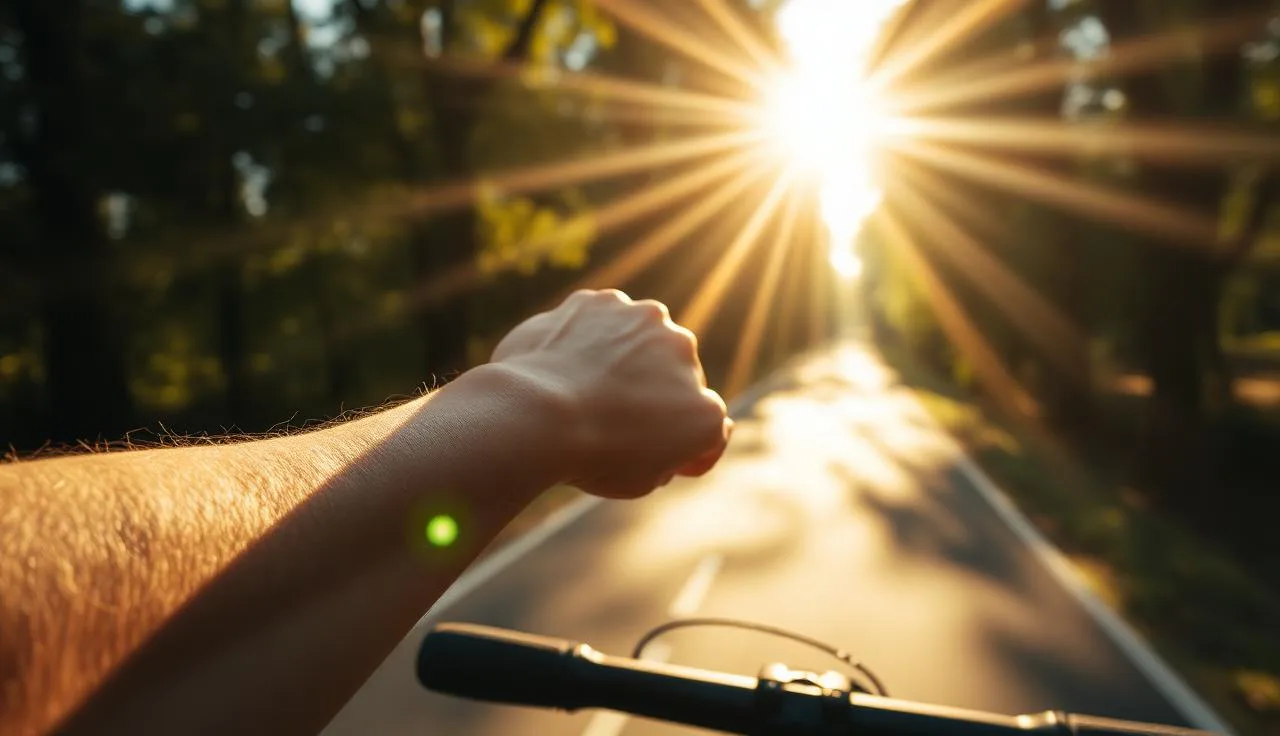 First-person view of a cyclist riding toward a bright sunrise on a tree-lined road